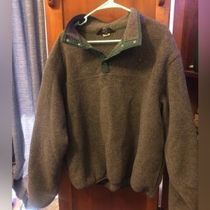 Land’s End fleece. Grey with dark green bordering. Size M/L women’s, men’s M/S.